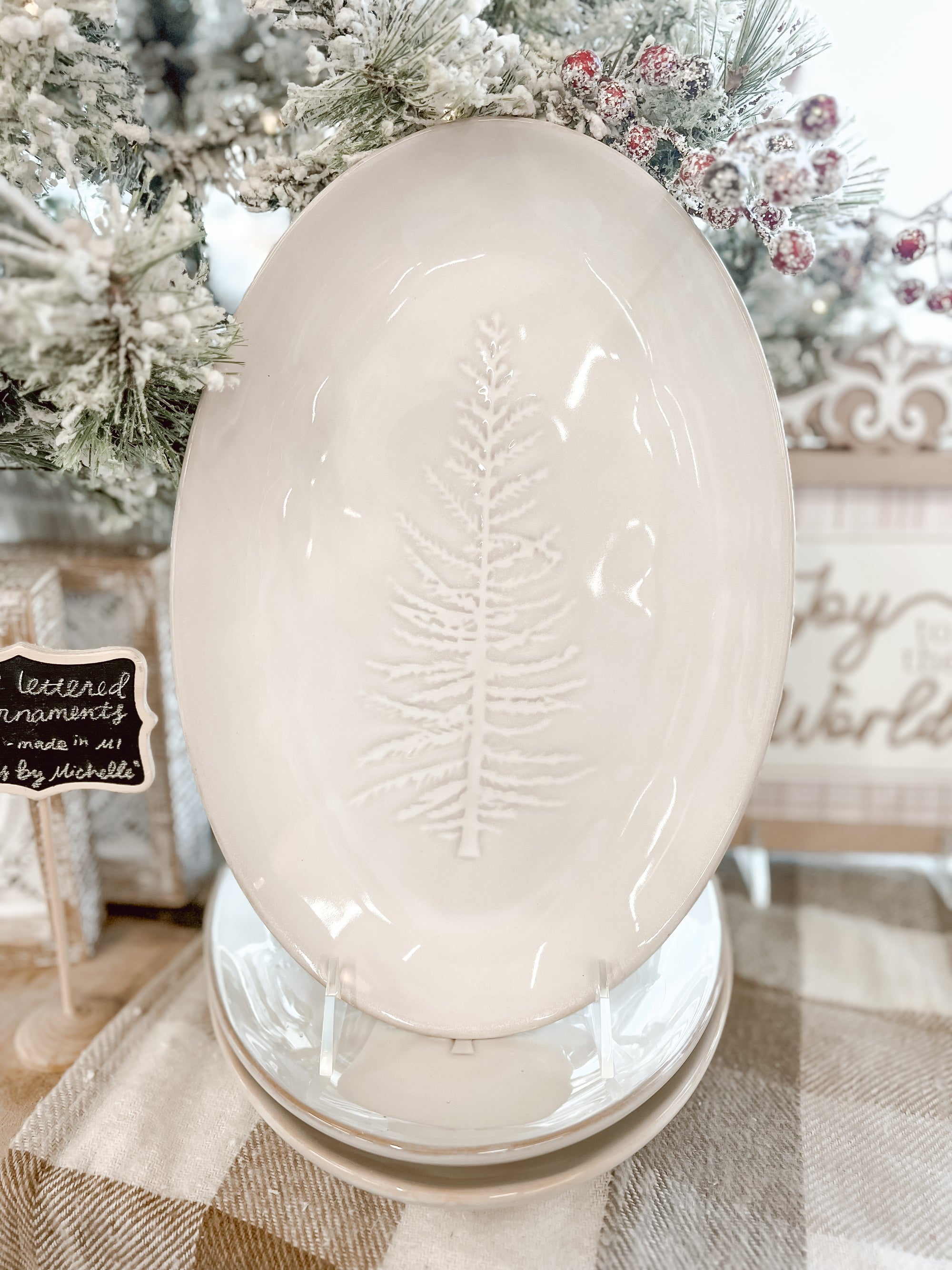 White Stoneware Embossed Tree Platter